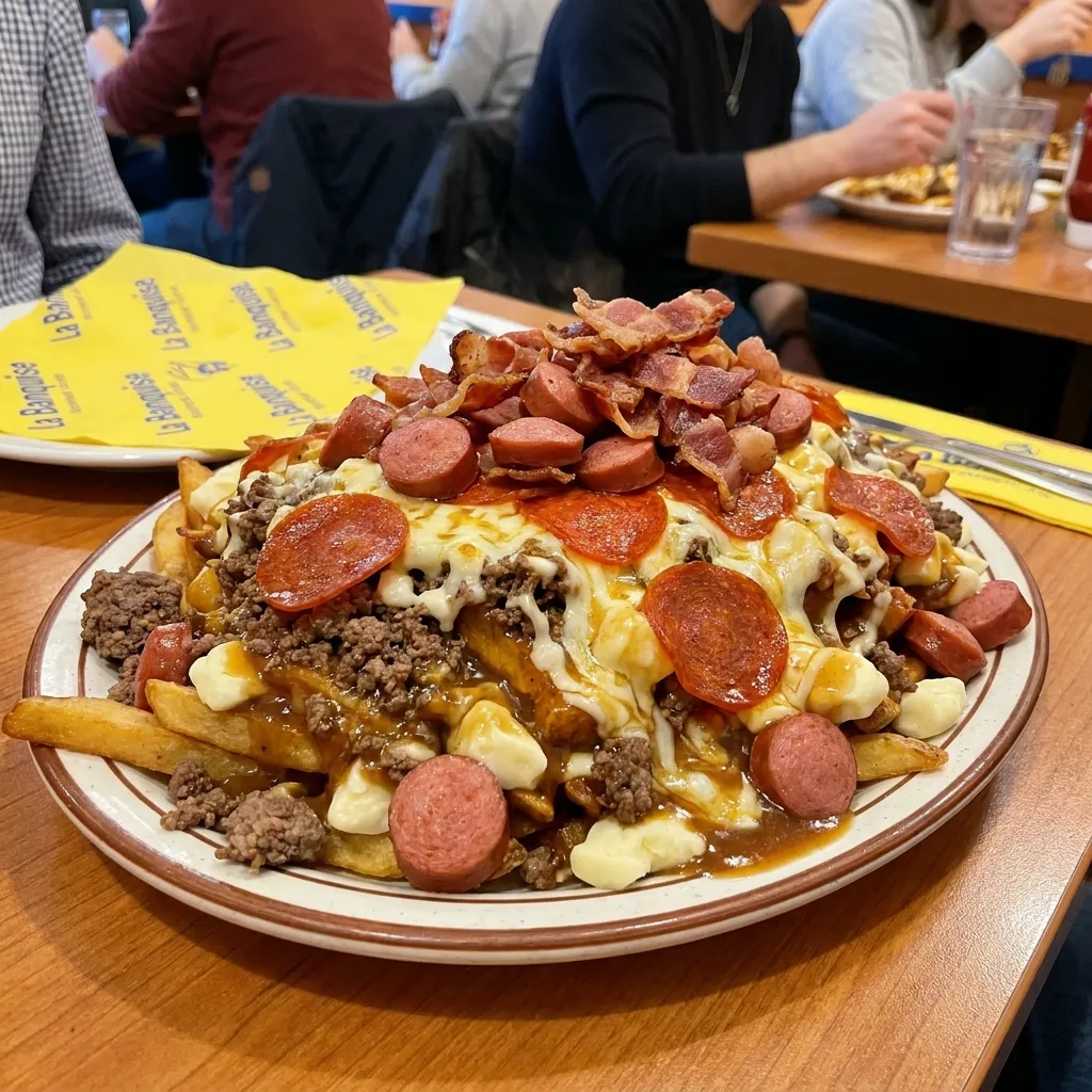 A massive, indulgent plate of the famous T-Rex meat lovers poutine at La Banquise, piled high with French fries, melting cheese curds, traditional gravy, sliced hot dogs, pepperoni, ground beef, and crispy bacon.