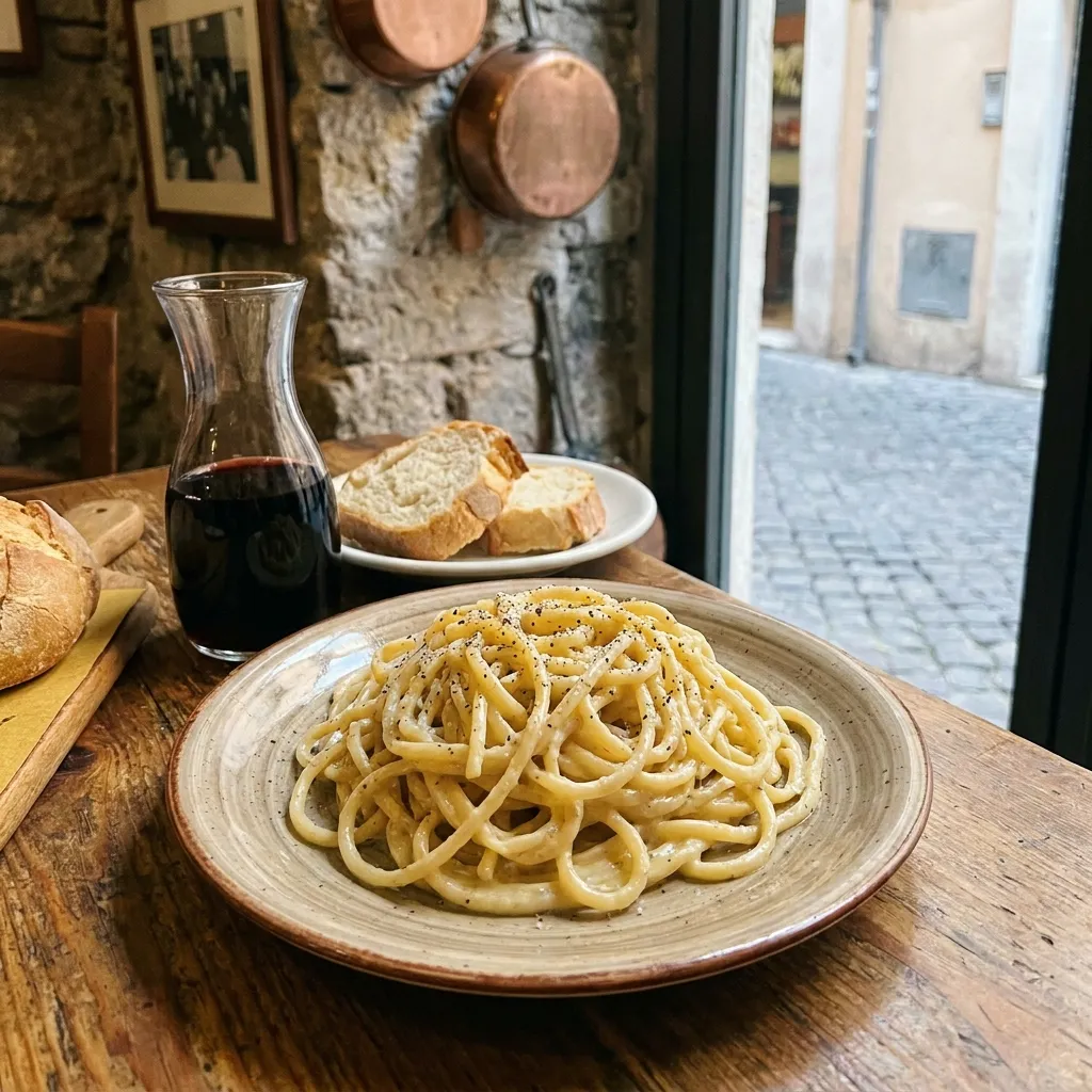 A plate of authentic cacio e pepe pasta at a hidden local trattoria in Rome]