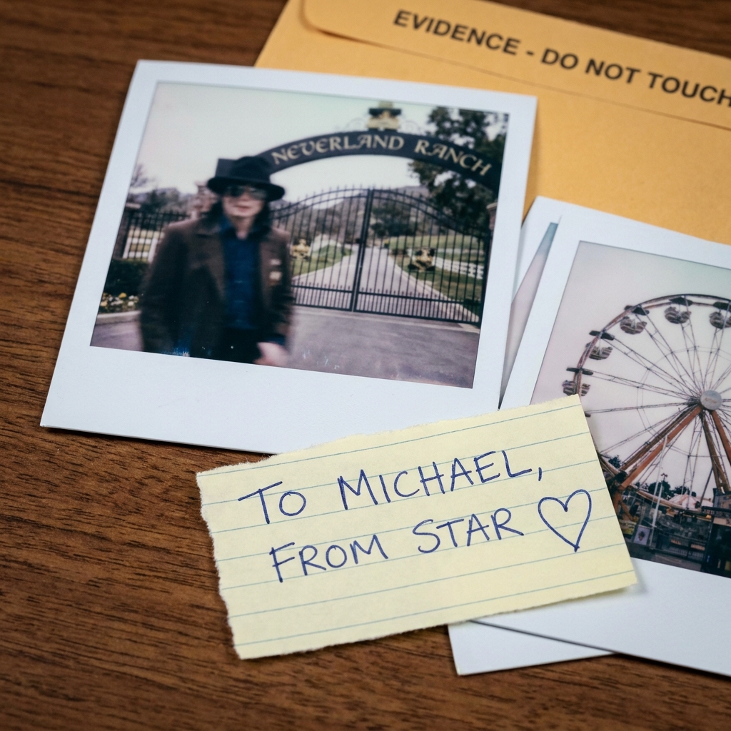 Polaroid photographs of Neverland Ranch gates and a Ferris wheel alongside a handwritten note to Michael from Star on a manila evidence envelope
