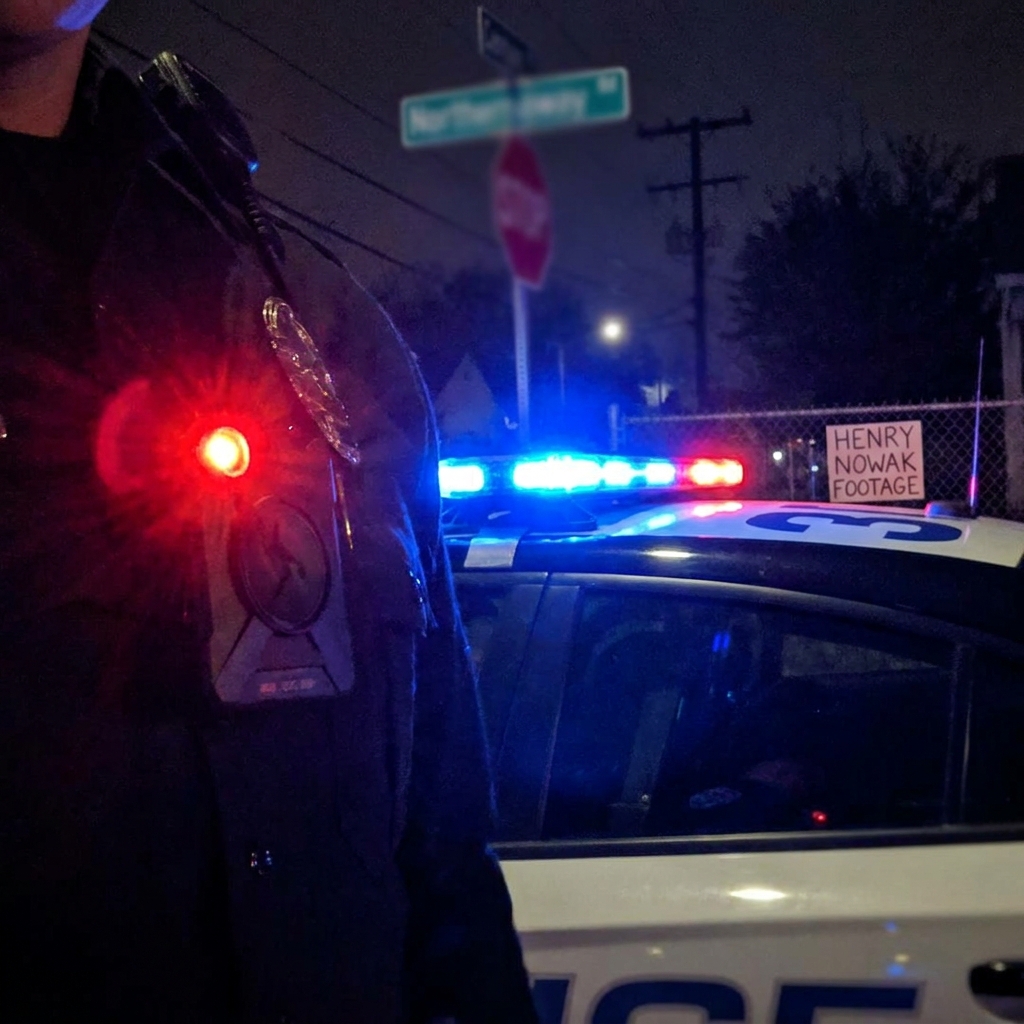 Close-up of an active police body camera glowing red at night, with a police cruiser and a Henry Nowak footage sign in the background.
