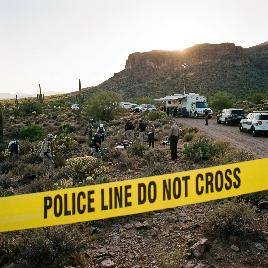 Police tape blocking off a section of desert landscape in Arizona, with law enforcement officials conducting a search in the background.