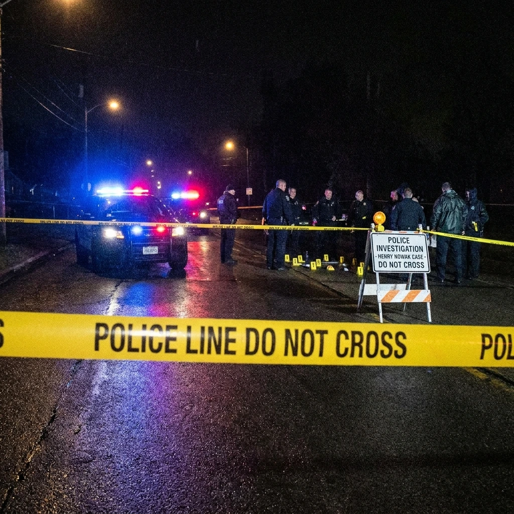 Yellow Police Line Do Not Cross tape blocking a wet street at night while officers investigate the Henry Nowak crime scene.