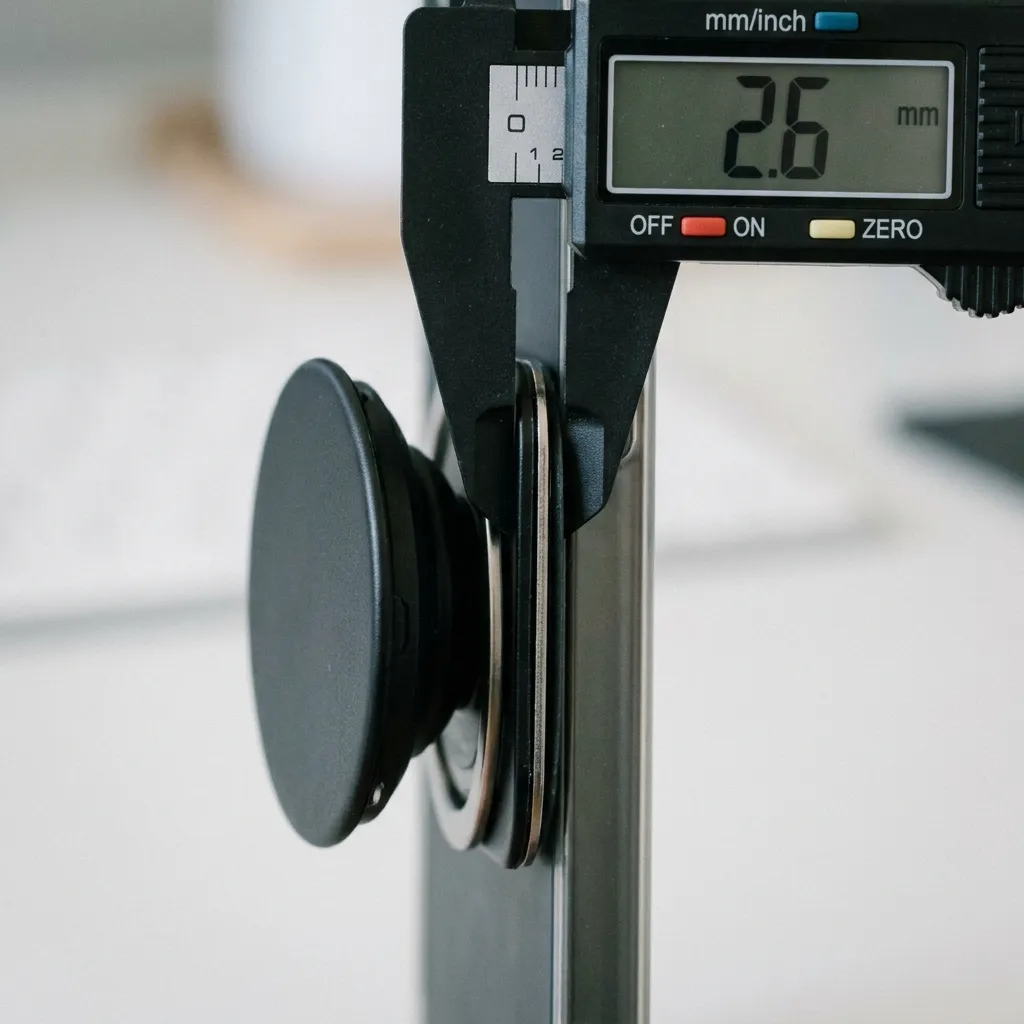 Side profile macro view showing the remarkably thin 2.6 millimeter width of the PopSockets Low-Pro MagSafe grip.