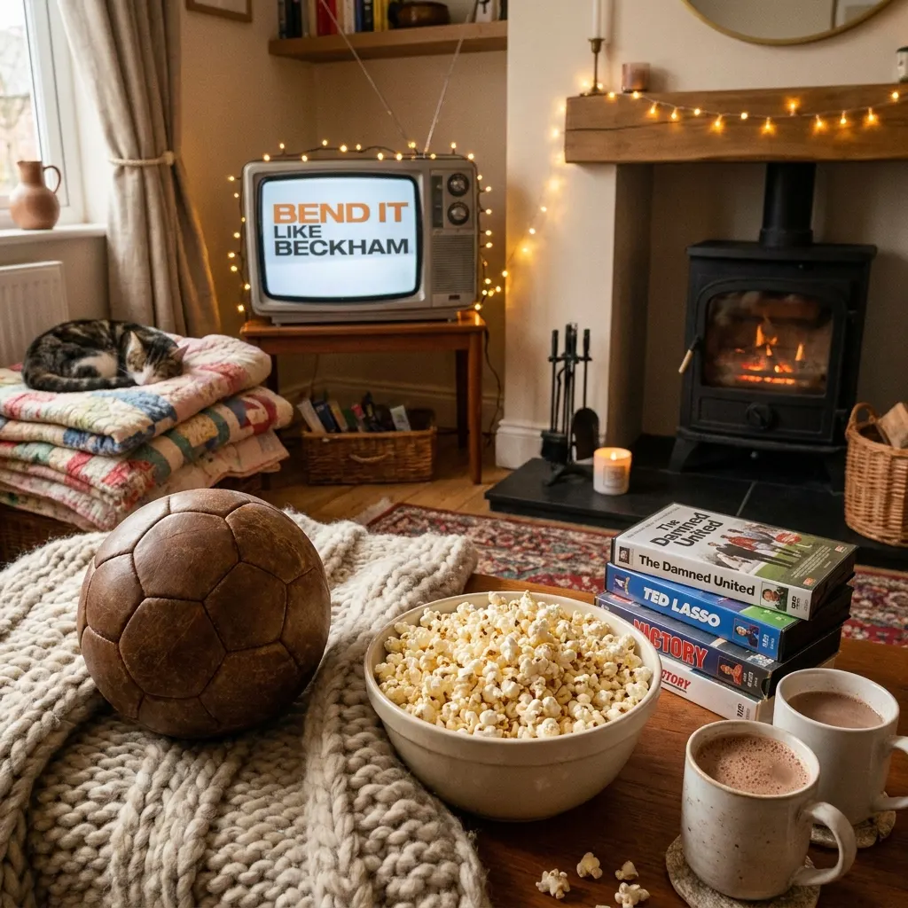 Cozy living room setup for movie night featuring a vintage television displaying the movie Bend It Like Beckham, a large bowl of popcorn, a vintage leather soccer ball, stacked sports movie DVDs, two mugs of hot cocoa, and a cat sleeping near a lit fireplace.