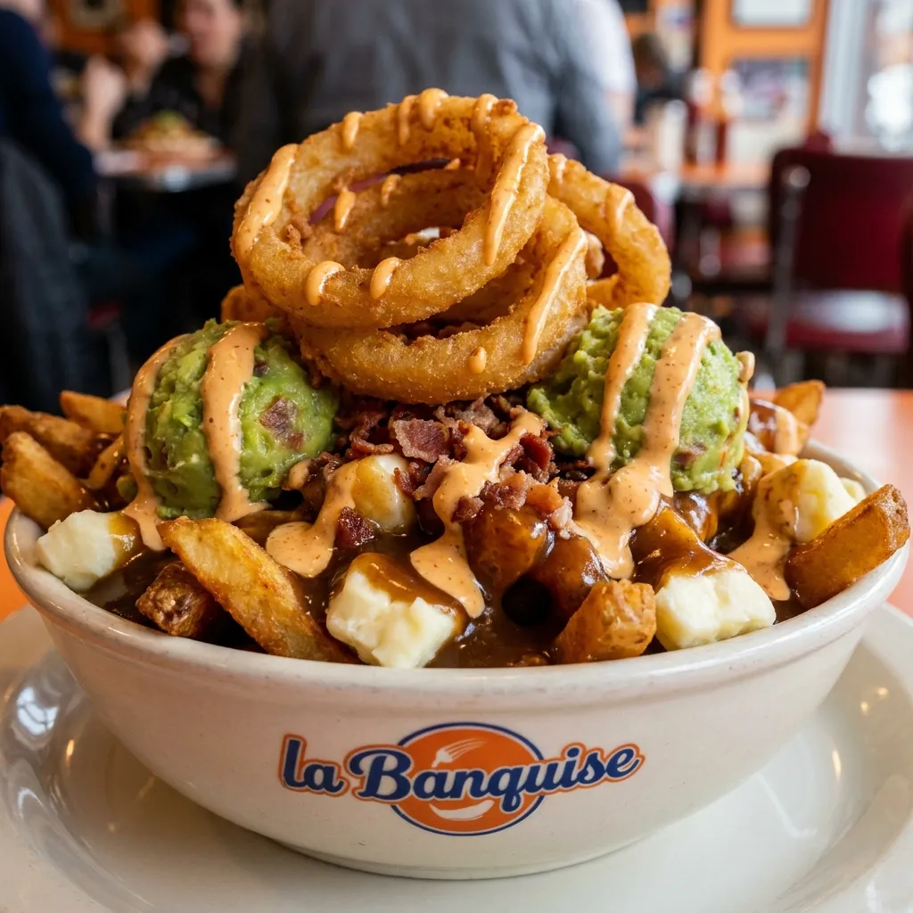 A close-up of a loaded specialty poutine bowl from La Banquise, featuring crispy French fries, authentic cheese curds, and rich gravy, topped with scoops of fresh guacamole, crumbled bacon, a spicy mayo drizzle, and a towering stack of golden onion rings