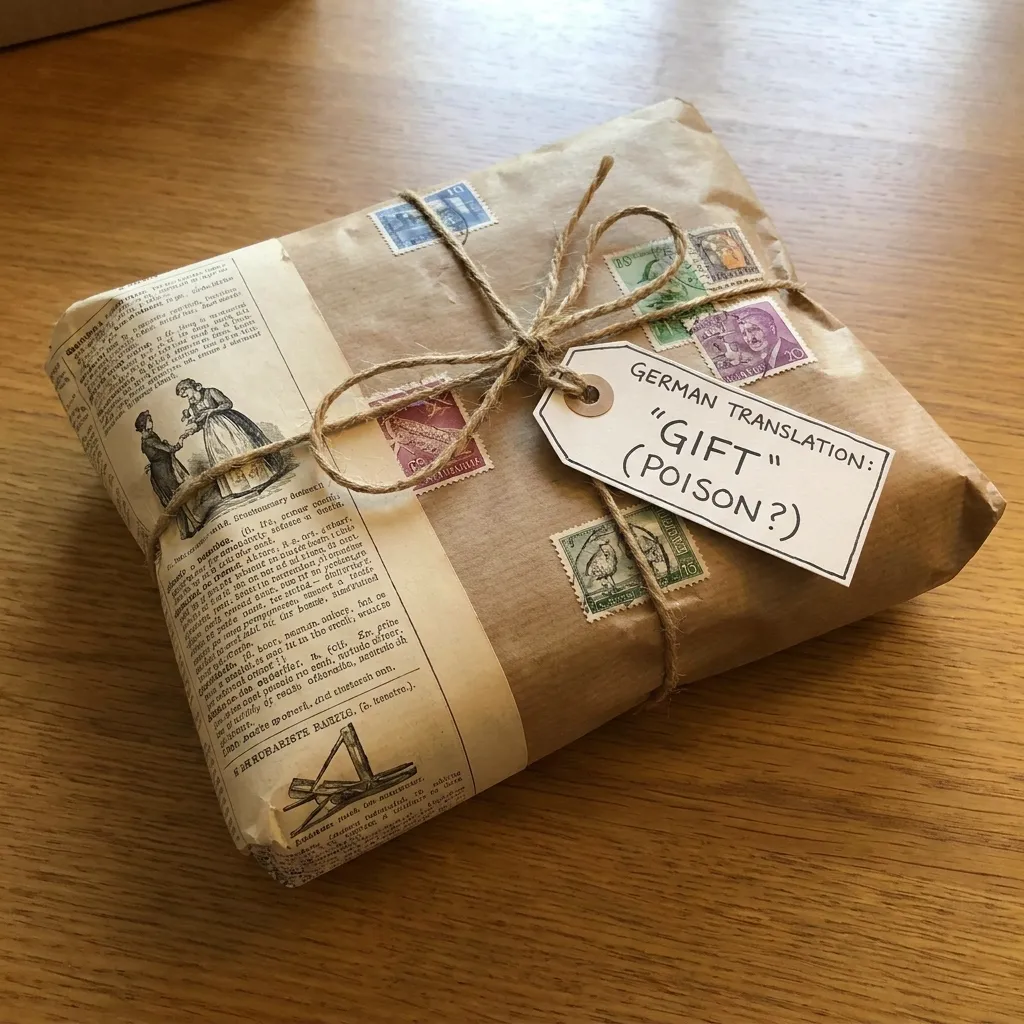 A beautifully wrapped birthday present next to a skull and crossbones symbol.
