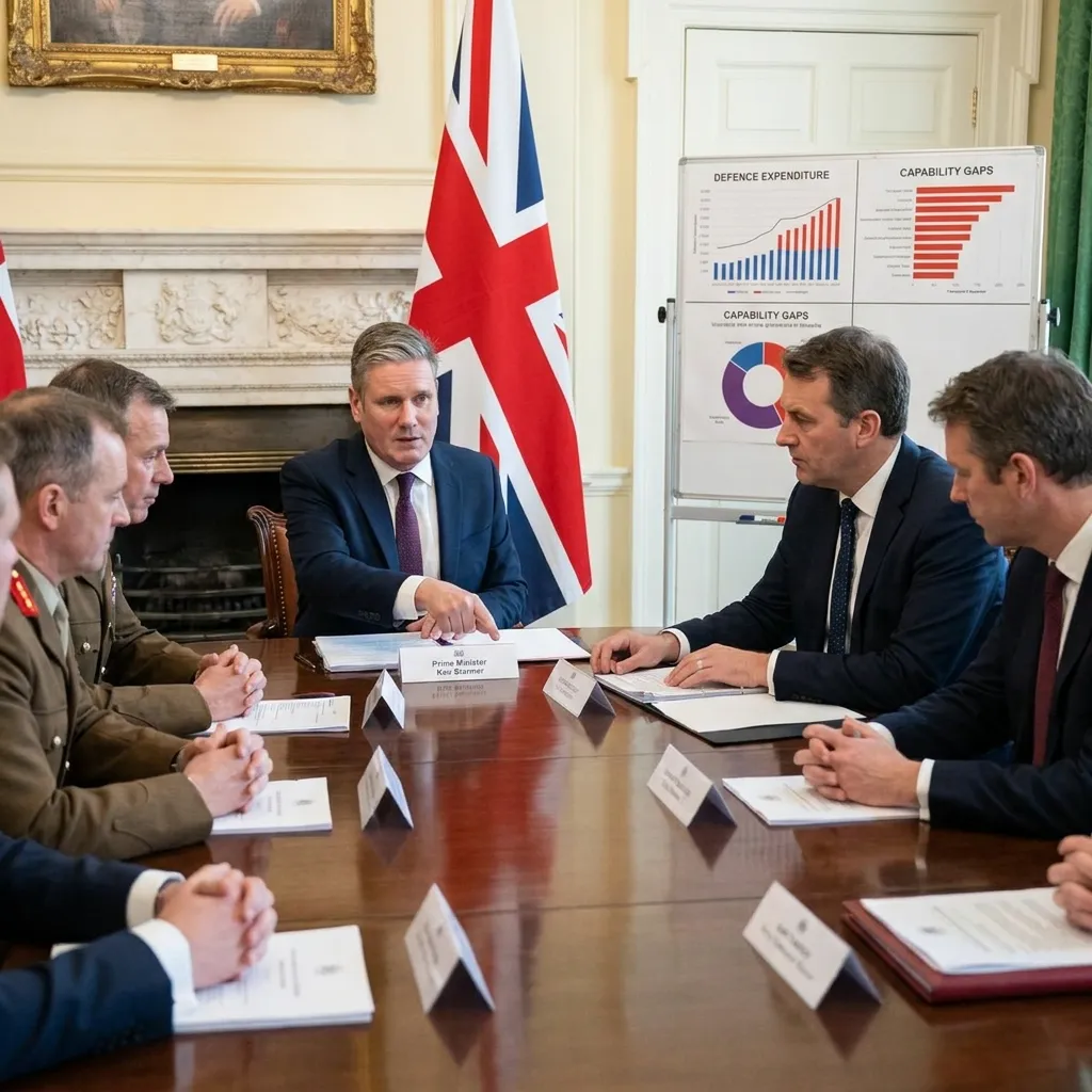 : A group of civilian officials and military officers seated around a polished conference table discussing documents, with a Union Jack flag and a whiteboard showing charts on defence expenditure and capability gaps in the background.