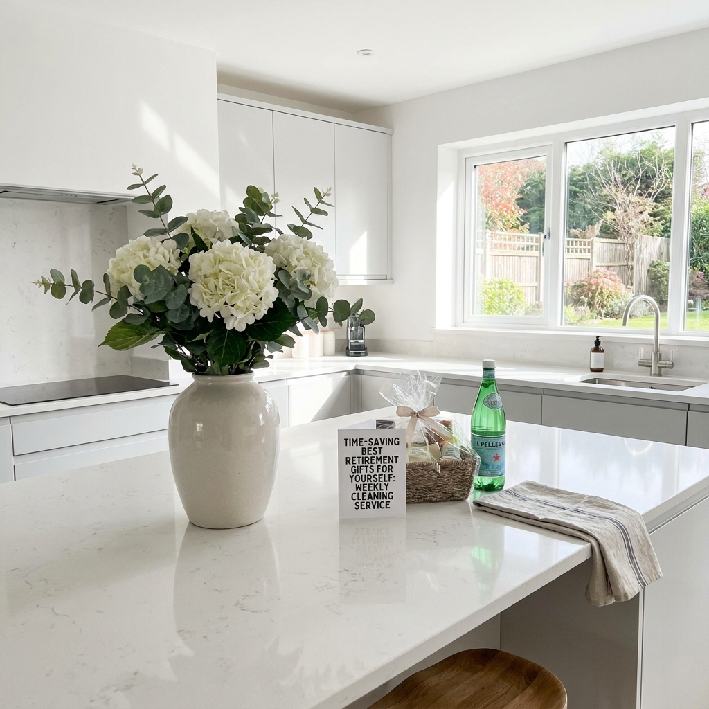 A modern, pristine kitchen with fresh flowers, representing a professionally cleaned home — time-saving best retirement gifts for yourself