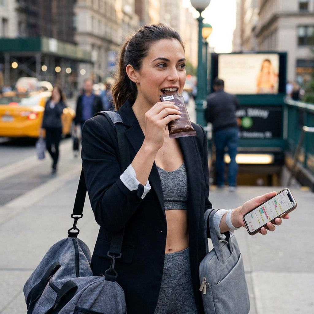 Busy professional woman eating a chocolate protein bar meal replacement while walking down a city street and checking a smartphone calendar.