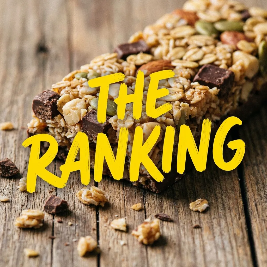 Close-up of a healthy chunky oat, nut, pumpkin seed, and dark chocolate granola bar resting on a wooden surface, with a yellow painted text overlay reading THE RANKING.