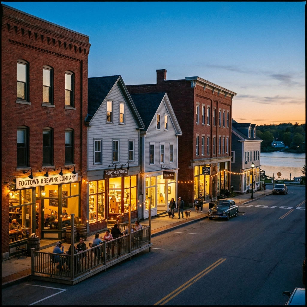 A peaceful quaint street at dusk with local boutique shops in Ellsworth Maine