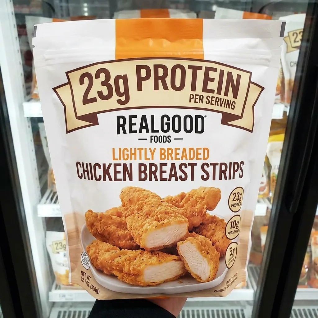A bag of Realgood lightly breaded chicken breast strips highlighting the protein content