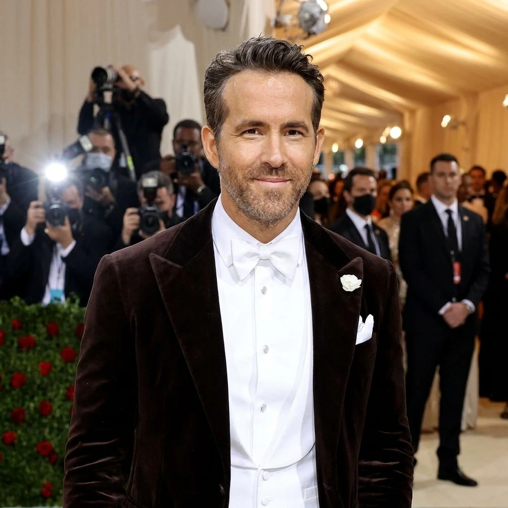 Ryan Reynolds arriving at the Met Gala wearing a brown velvet tuxedo jacket and white bow tie with paparazzi in the background.