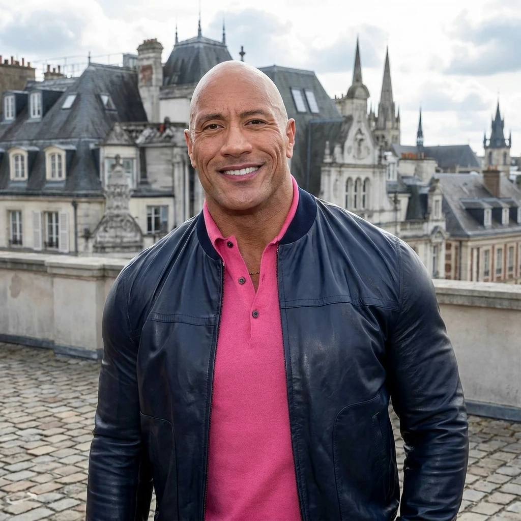 Dwayne The Rock Johnson smiling on a city rooftop wearing a navy blue leather bomber jacket and pink polo shirt.