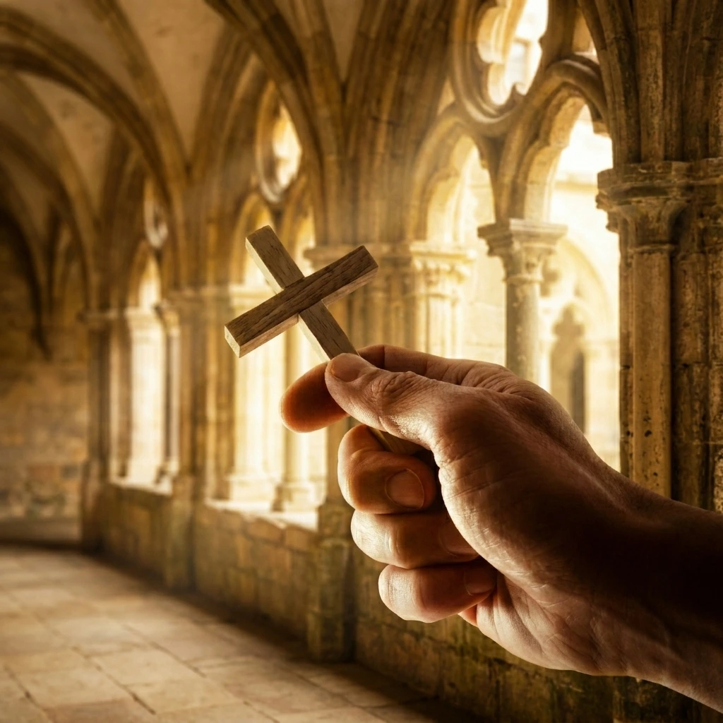 Close-up of a hand holding a small wooden cross, set against a warm, softly blurred background of a sunlit stone cloister with classic arched architecture