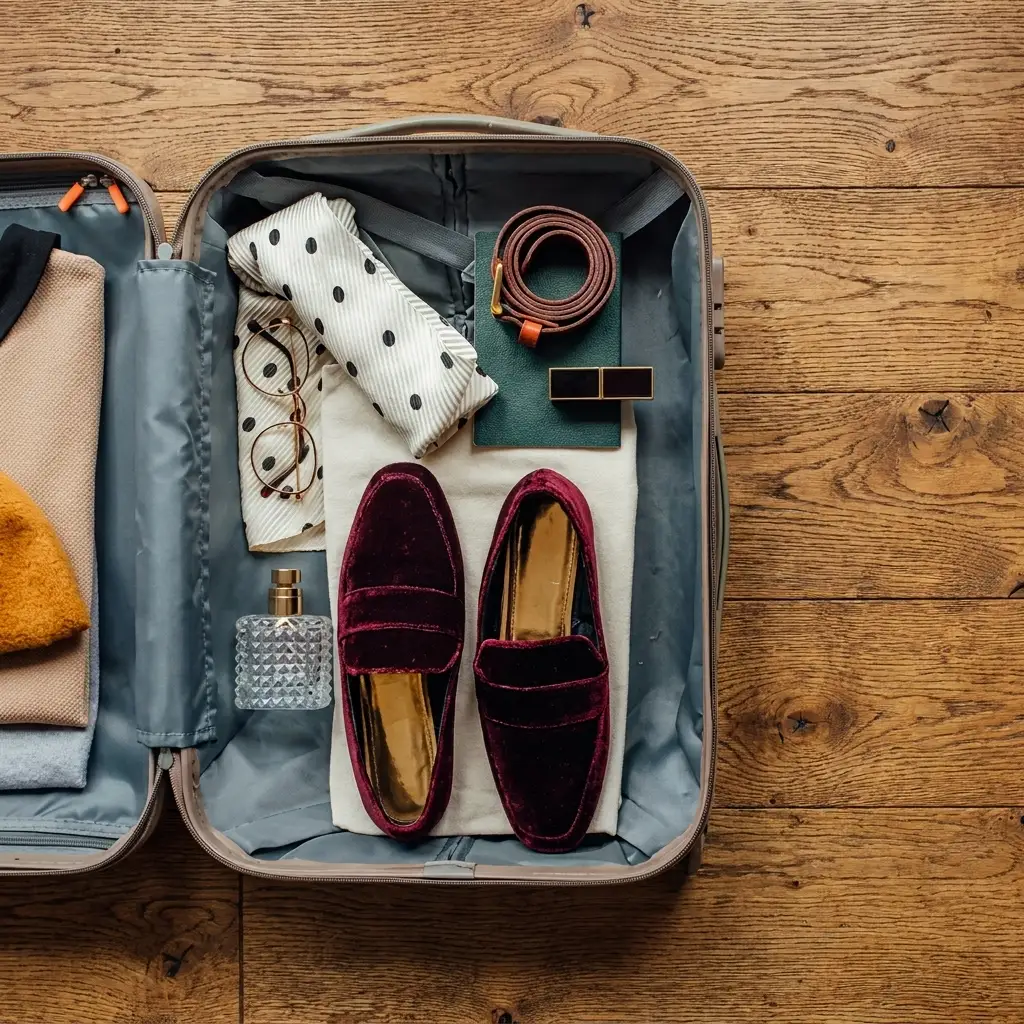 Overhead flat lay of an open travel suitcase on a wooden floor, neatly packed with burgundy velvet loafers, a polka dot scarf, a belt, perfume, and folded garments.