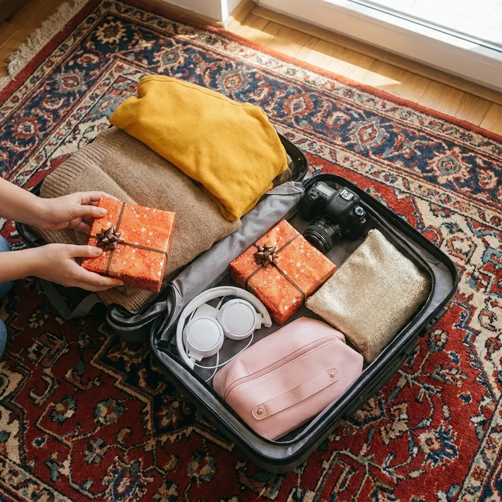 Overhead shot of hands packing a suitcase on a patterned rug with folded sweaters, wrapped gifts, headphones, and a DSLR camera.