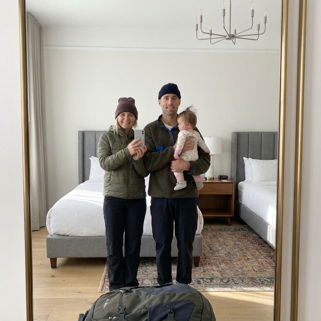 Mirror selfie of a family holding a baby in a hotel room with a green travel duffel bag packed on the floor.