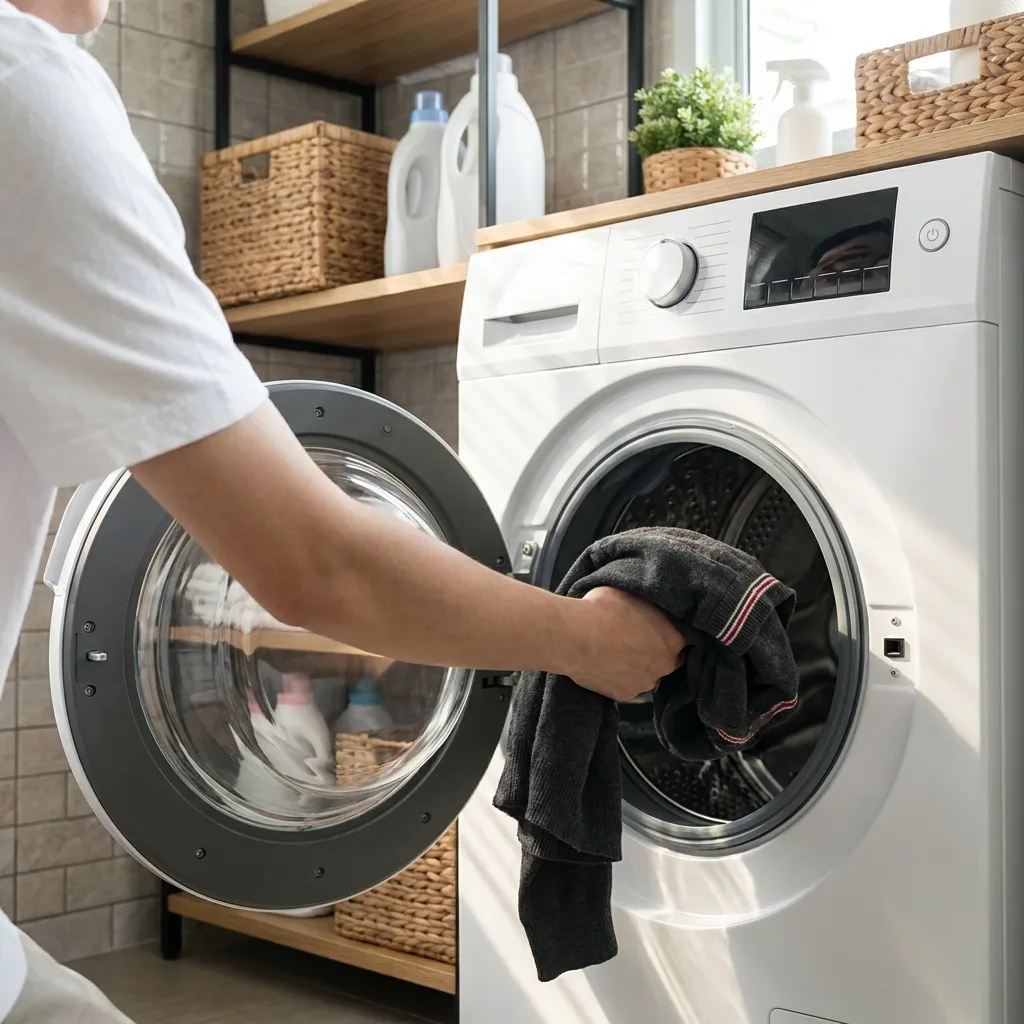 Person taking a dark knitted sweater out of a white front-loading washing machine in a bright laundry room.