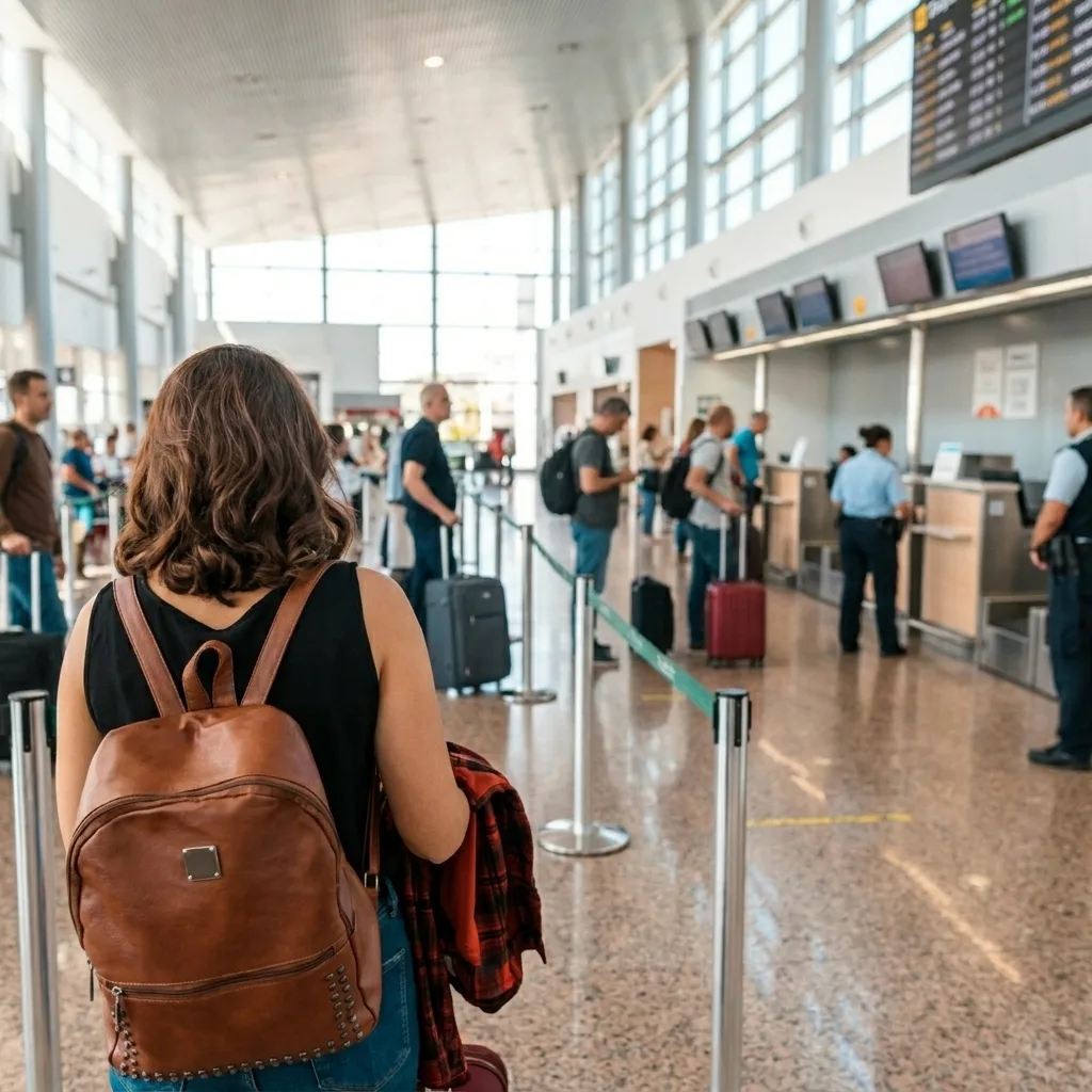 Woman wearing a brown leather backpack standing in a busy airport check-in and security line.