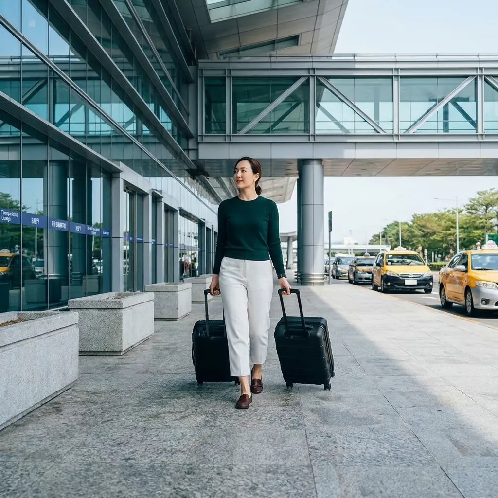Businesswoman walking out of an airport arrivals terminal with two black suitcases towards waiting yellow taxis.