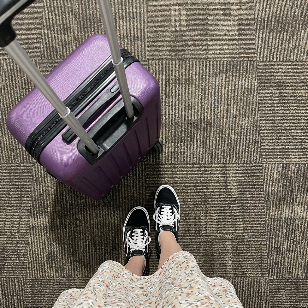 Overhead view of a traveler wearing black sneakers standing next to a purple hard-shell carry-on suitcase.