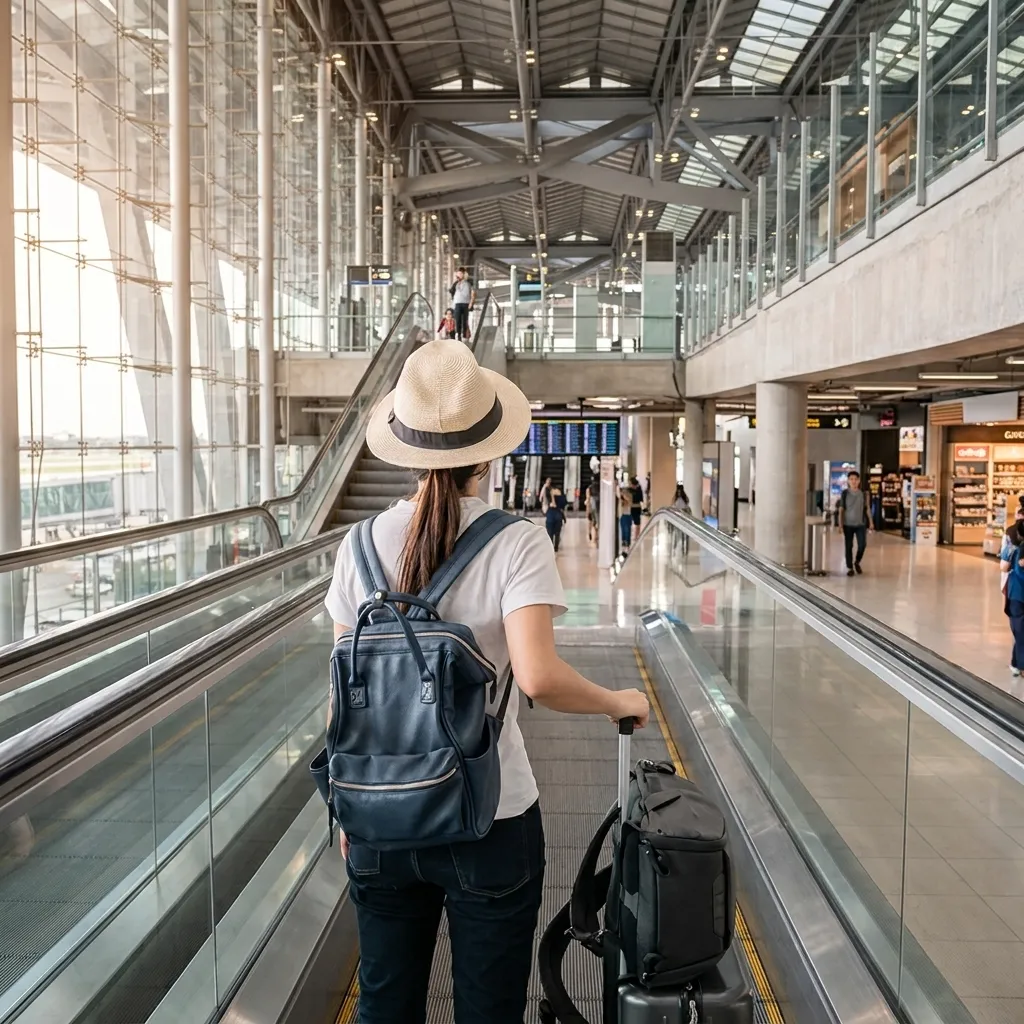 Female traveler with a straw hat and backpack rolling luggage on a modern airport moving walkway.