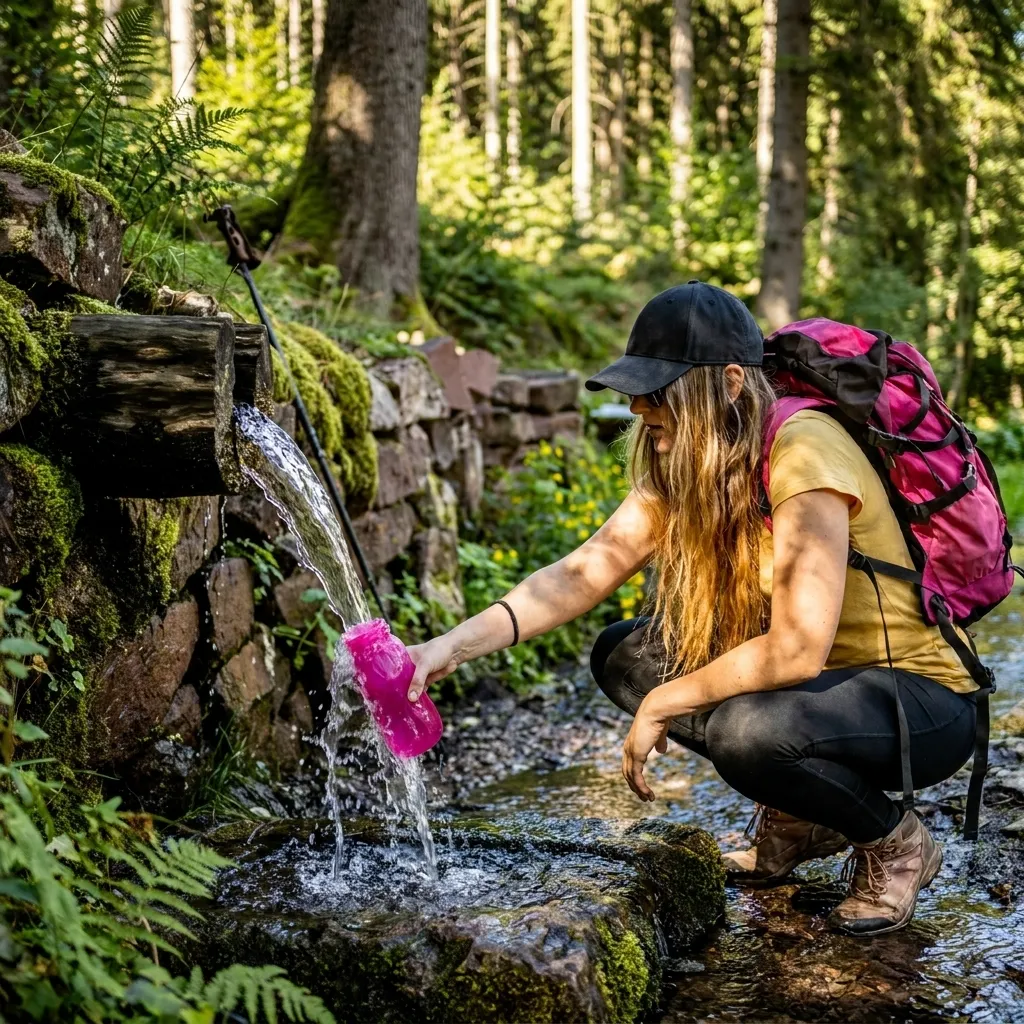 Female hiker refilling a pink reusable water bottle from a natural mountain spring in a dense forest.