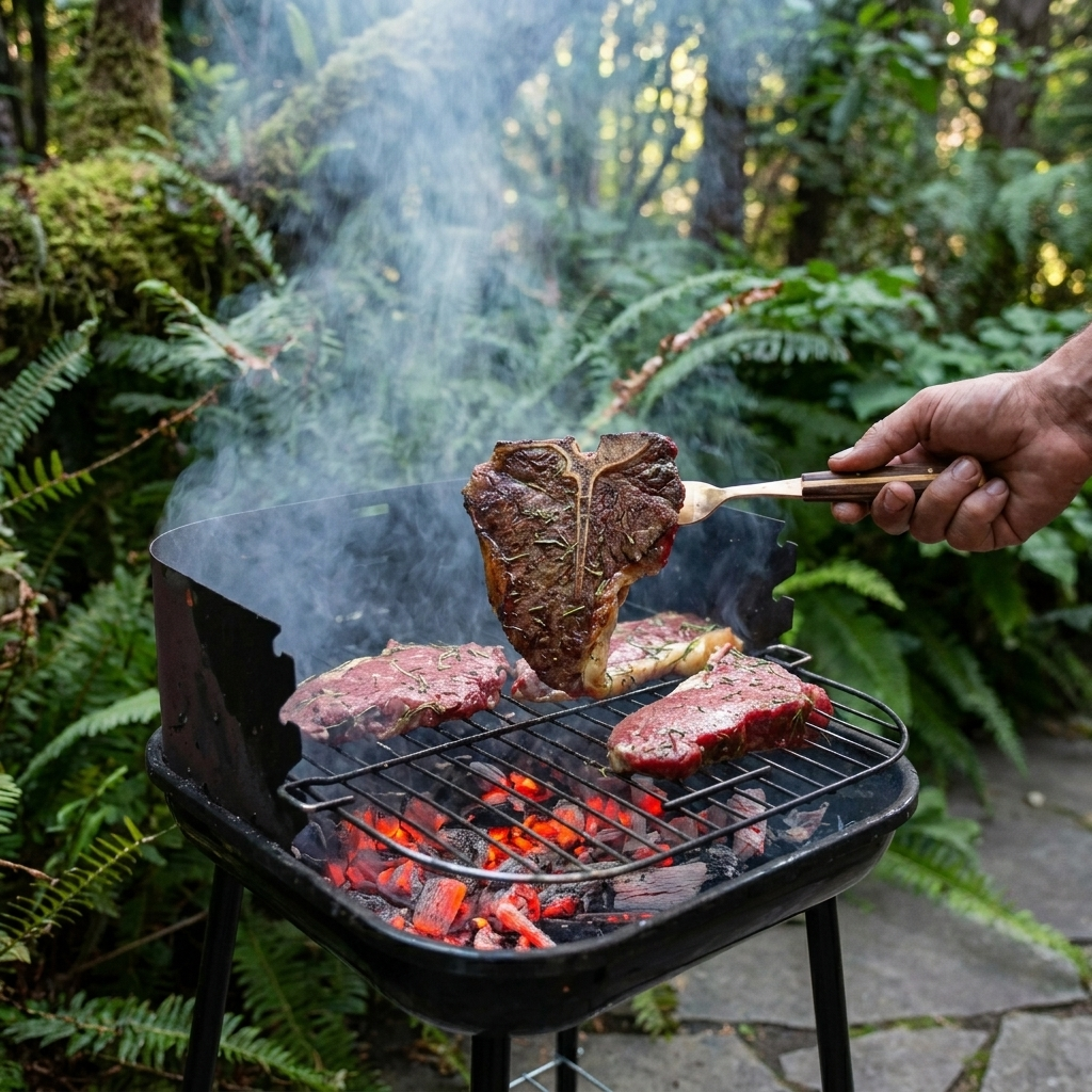 Hand using a metal spatula to lift a thick, seasoned T-bone steak from a hot, smoking charcoal grill in a wooded outdoor setting.