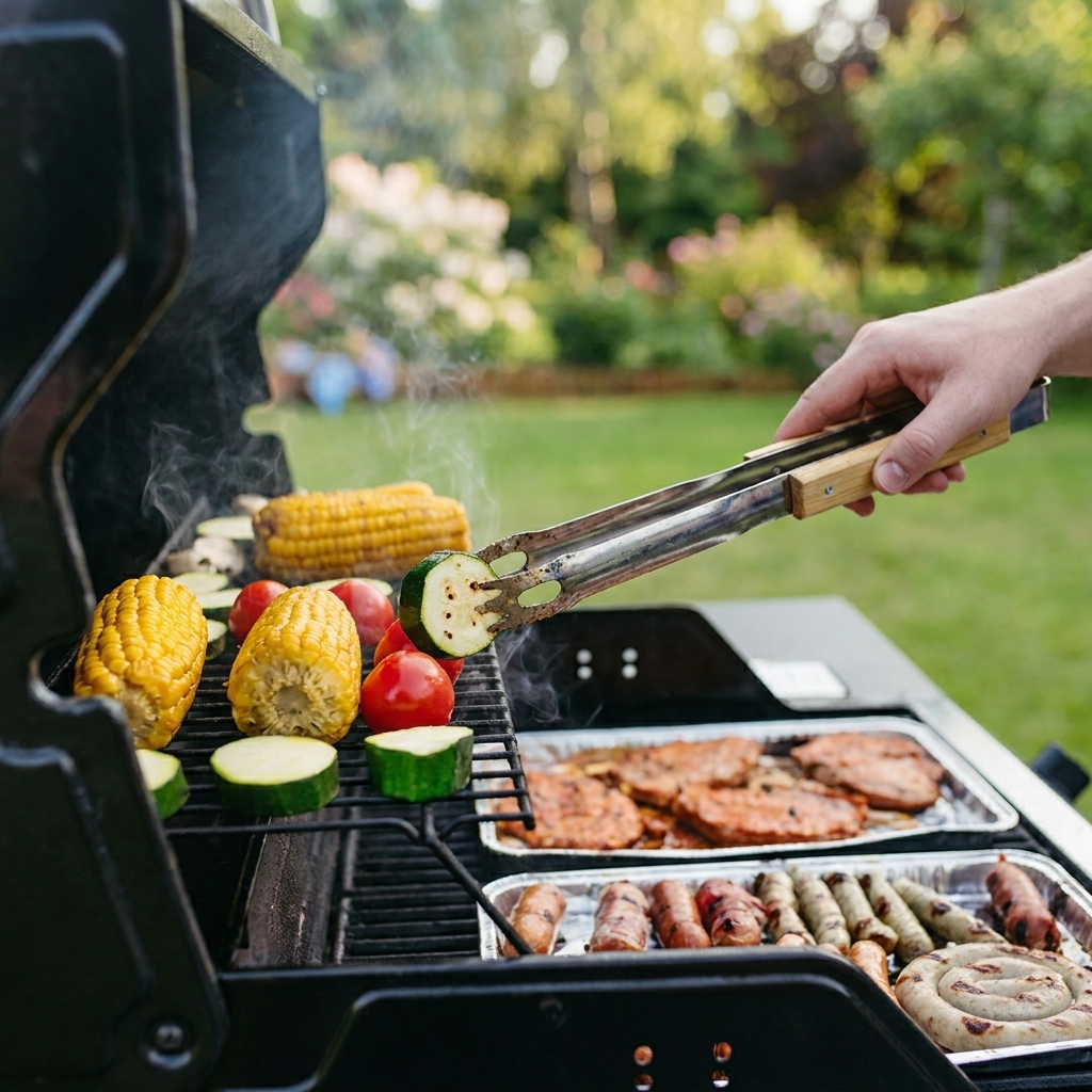 Person using metal tongs to flip grilled zucchini alongside corn on the cob, tomatoes, and meats on an outdoor backyard barbecue grill.