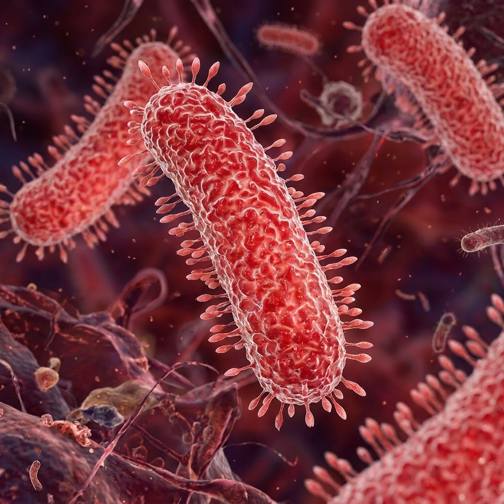 Detailed 3D microscopic medical rendering of red, rod-shaped bacteria with pili floating in a cellular environment.