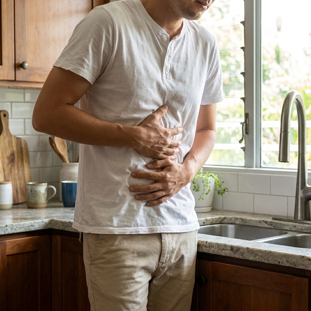 Man in a white t-shirt standing by a kitchen sink clutching his stomach, experiencing visible abdominal pain or indigestion.