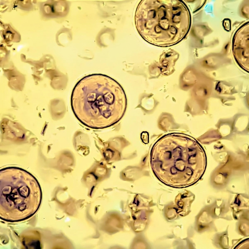 High-magnification golden microscopic view of circular biological cells and microorganisms on a laboratory slide.