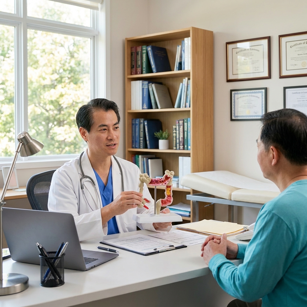 Male doctor in a white lab coat using a 3D anatomical colon model to explain a gastrointestinal diagnosis to a patient in a medical clinic.