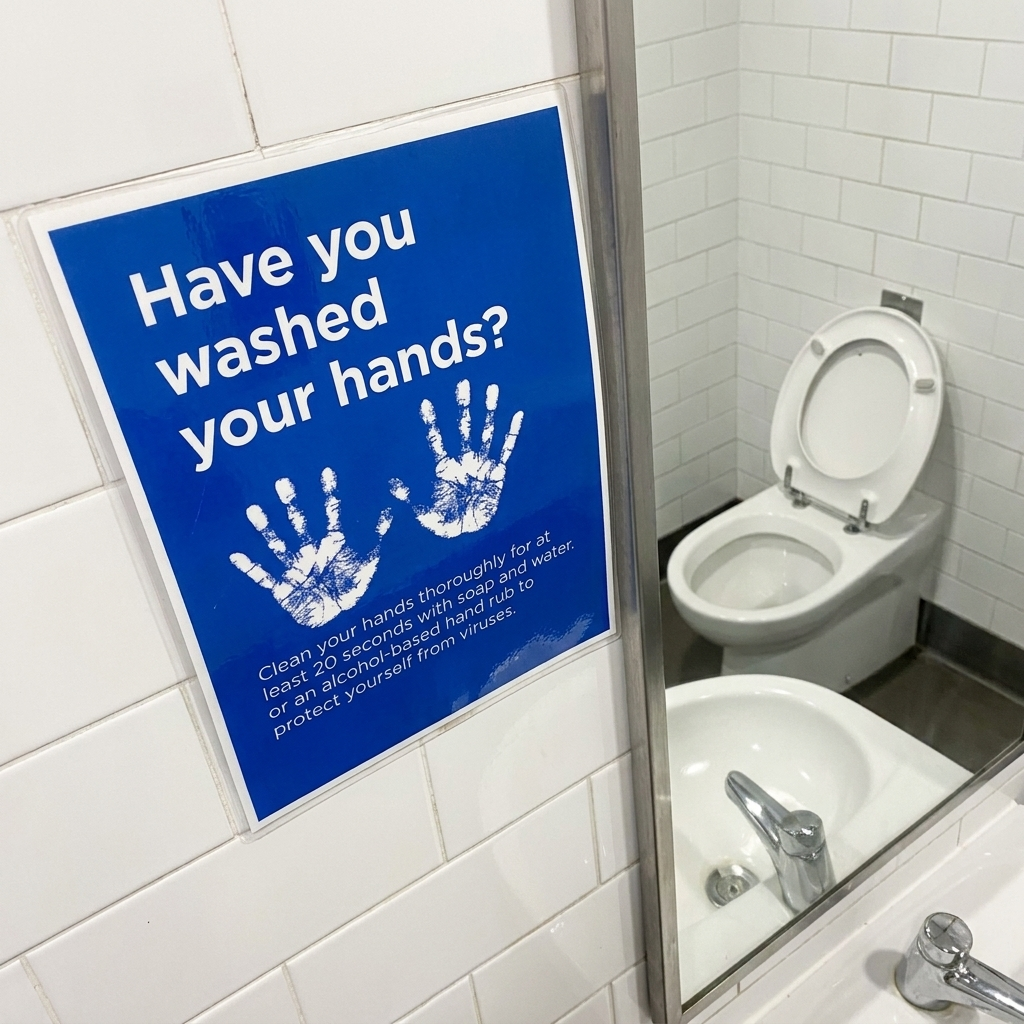 Blue health and safety sign reading "Have you washed your hands?" mounted on a white tiled public restroom wall above a sink.