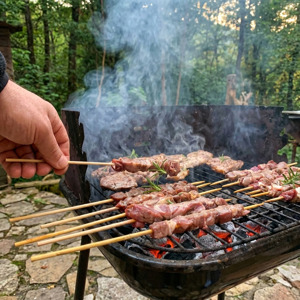 Hand placing raw meat skewers with rosemary sprigs onto a smoking portable charcoal grill in an outdoor forest setting.