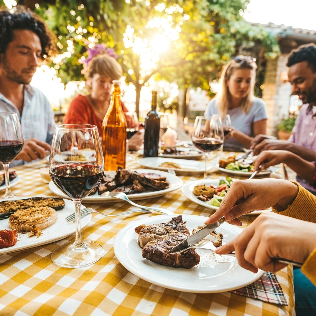 Close-up of a person cutting a grilled steak at an outdoor dinner party with friends, featuring red wine and a yellow checkered tablecloth.