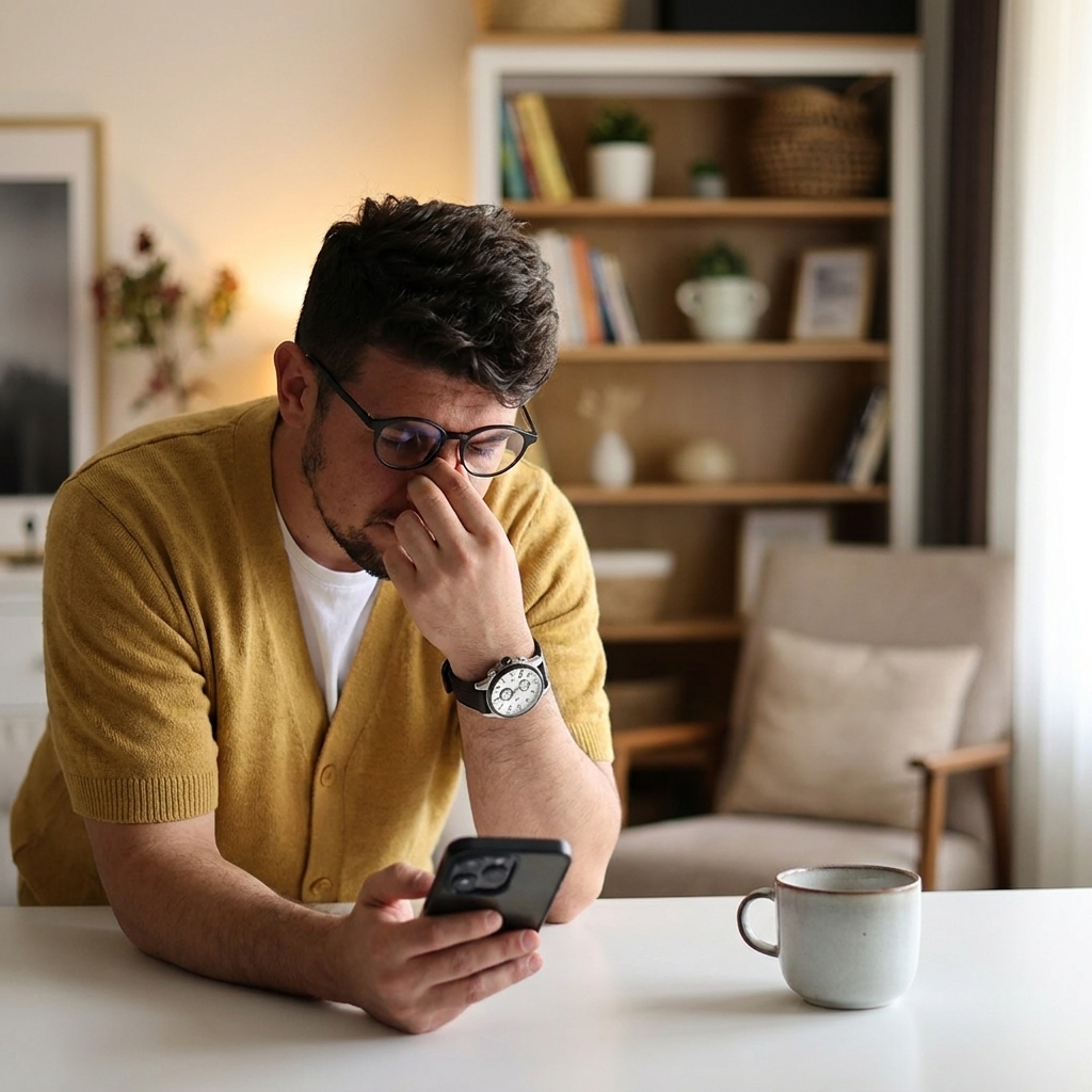 Frustrated man wearing glasses sitting at his desk, pinching the bridge of his nose in stress while holding a smartphone.