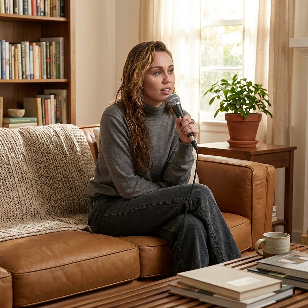 Miley Cyrus holding a microphone during an indoor sit-down interview wearing a casual grey turtleneck sweater