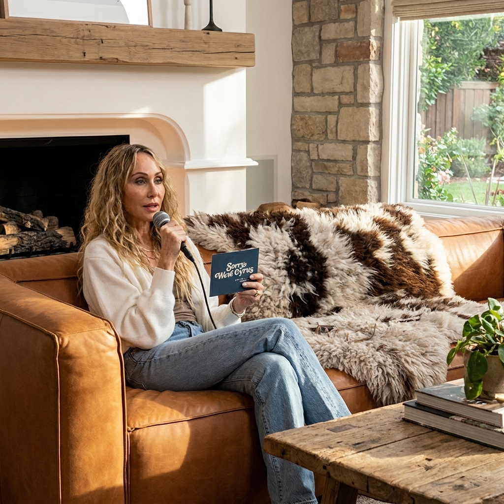 Tish Cyrus holding a microphone and a Sorry We're Cyrus cue card while sitting on a leather sofa