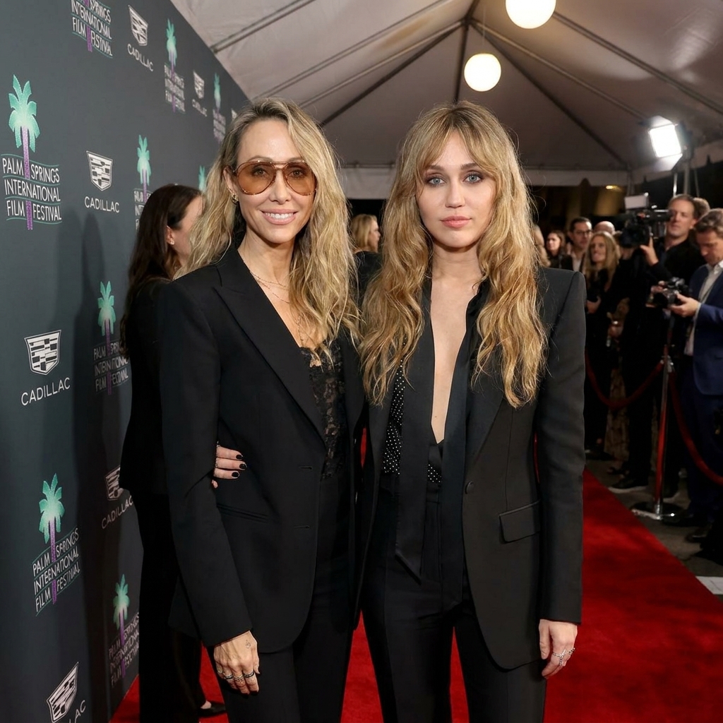 Miley Cyrus and Tish Cyrus posing on the red carpet at the Palm Springs International Film Festival wearing matching black suits