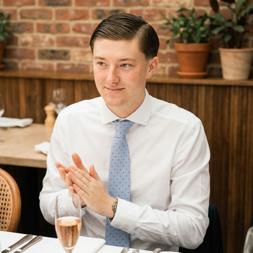 Man in a white dress shirt and blue polka dot tie clapping at a restaurant table with a glass of rose wine.