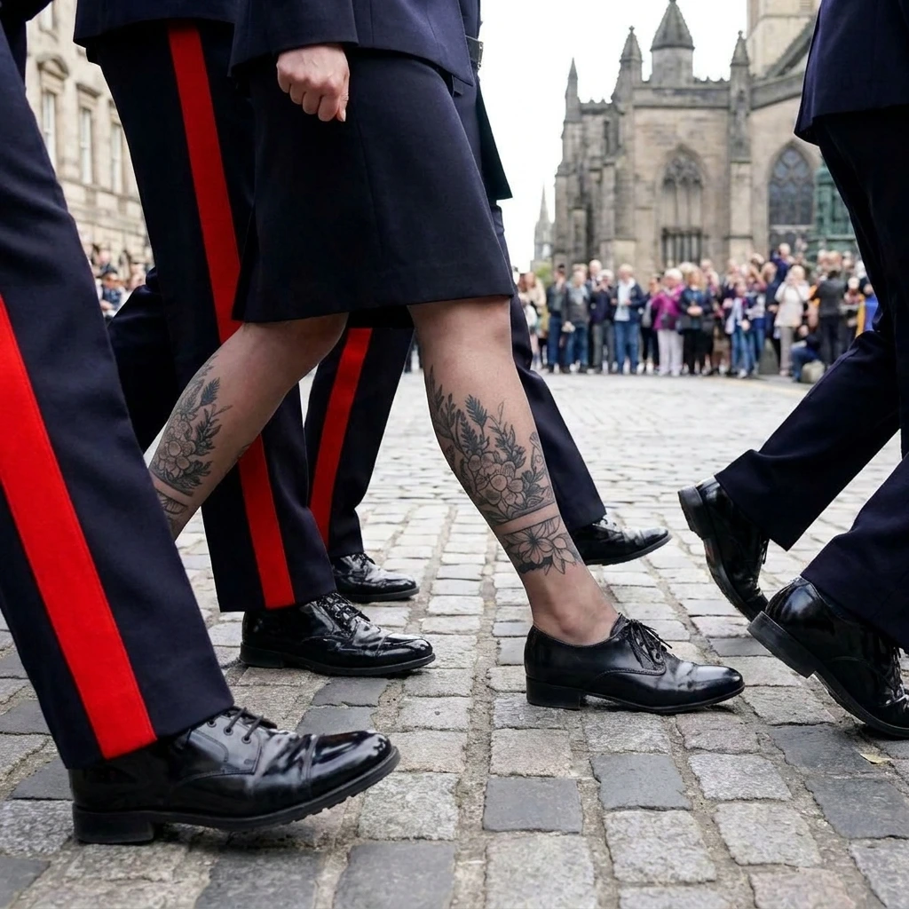Close-up of people walking on a cobblestone street, contrasting uniform trousers with red stripes and shiny black shoes against bare legs with botanical tattoos wearing a dark skirt.