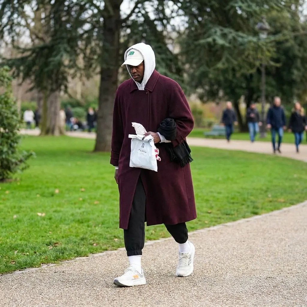 Street style photo of a person walking in a park wearing a layered winter outfit: a long burgundy wool coat over a grey hoodie, black sweatpants, and white New Balance sneakers.