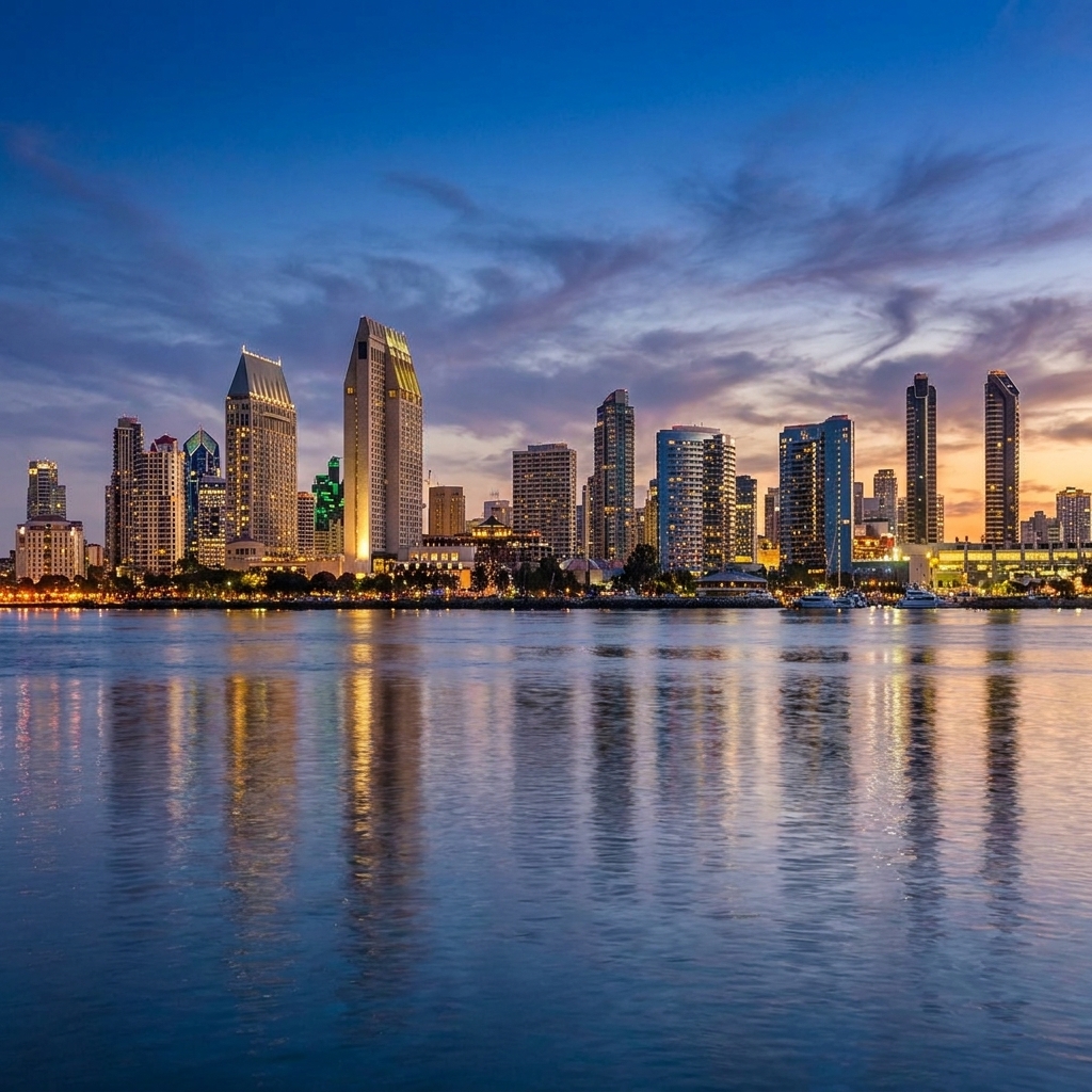 Beautiful sunset view reflecting off the water in the downtown San Diego skyline