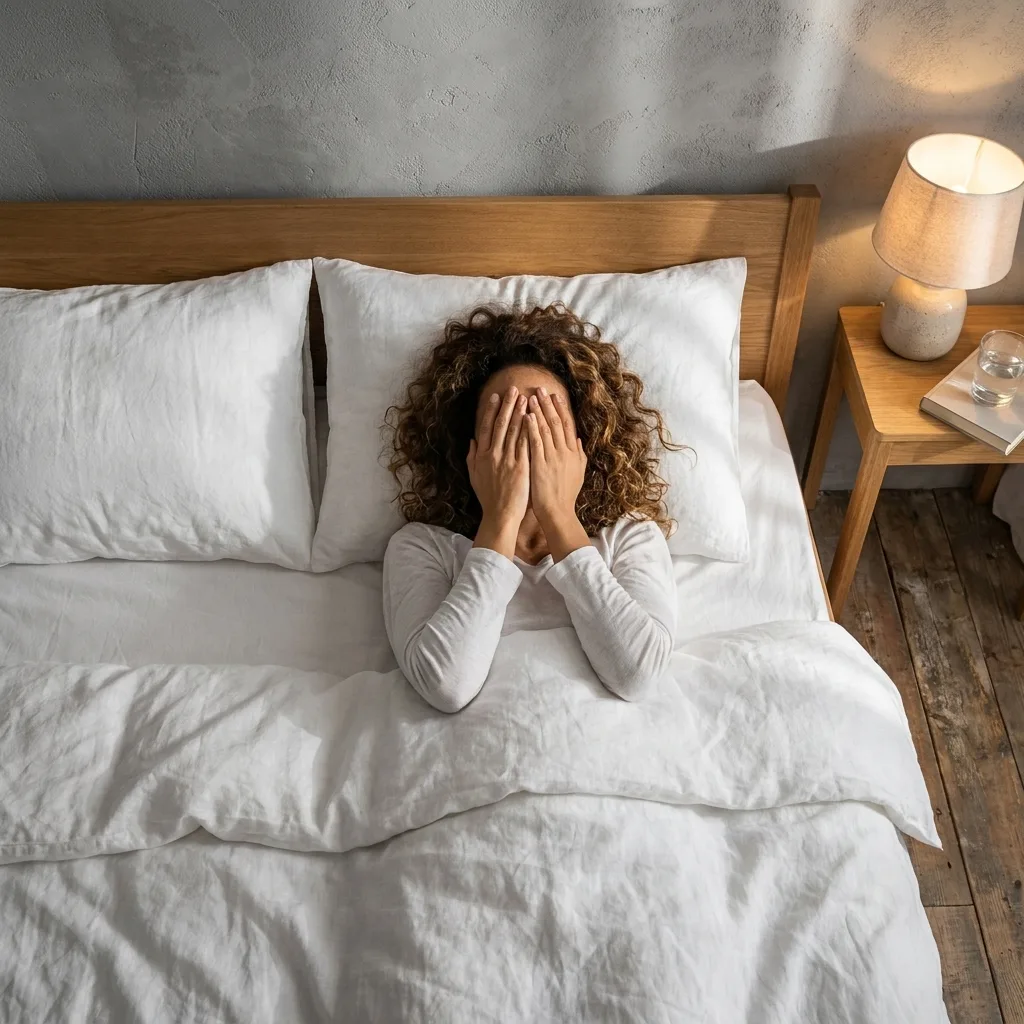 Frustrated woman lying awake in bed covering her face with her hands, struggling with insomnia