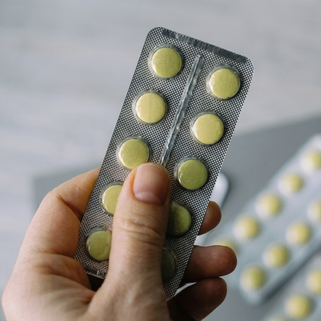 Close-up of a hand holding a foil blister pack containing round green pills