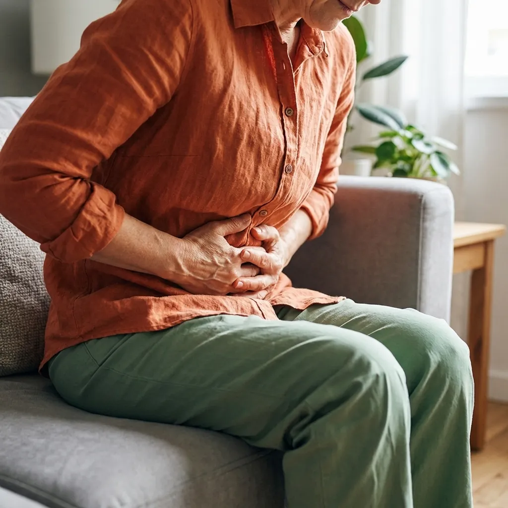 Senior woman sitting on a couch clutching her abdomen, experiencing stomach pain or digestive discomfort