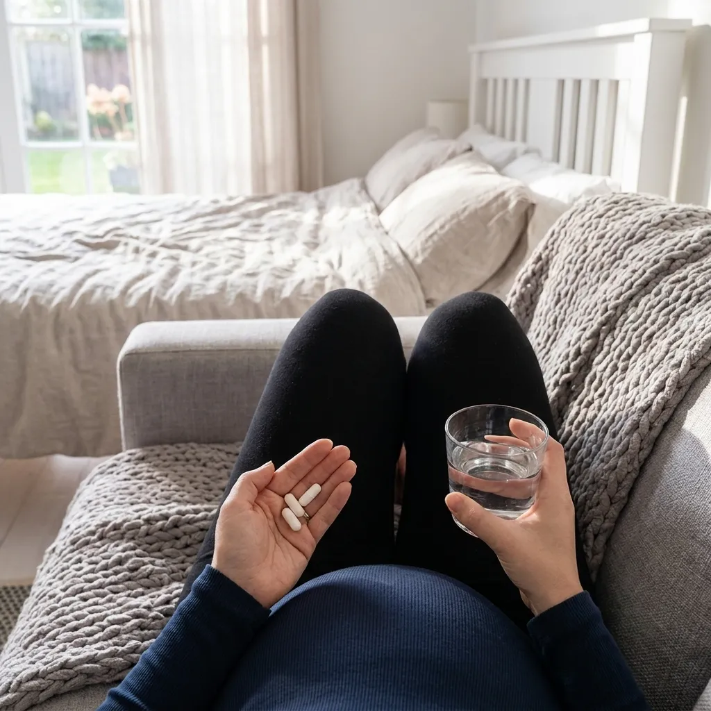 Pregnant woman sitting on a sofa holding white supplement pills and a glass of water