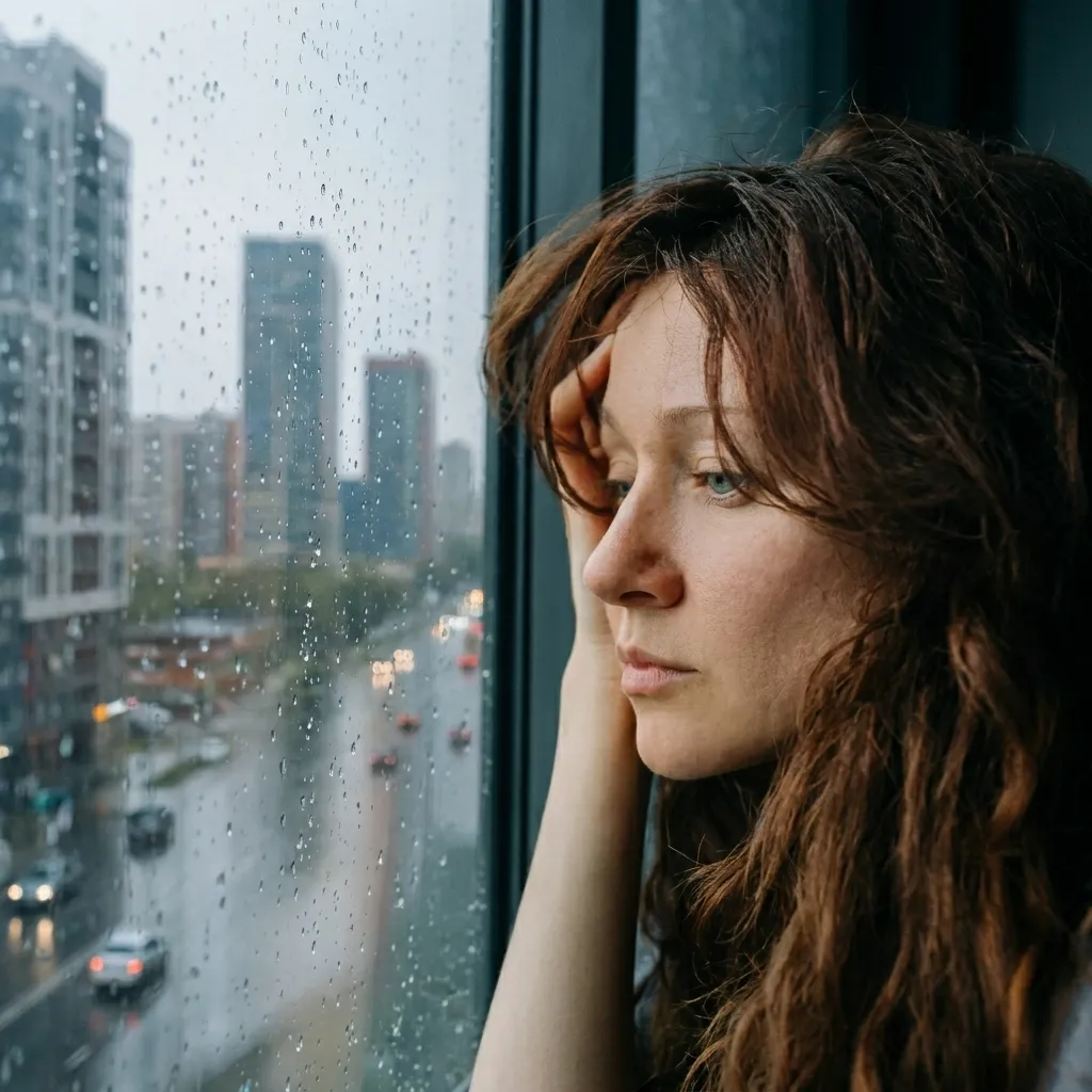 Stressed woman resting her head against a rainy window looking out at a city skyline